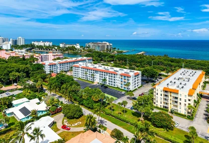 Aerial view of Tierra Del Mar Condos in Boca Raton near the Atlantic Ocean, Boca Inlet and Intracoastal Waterway