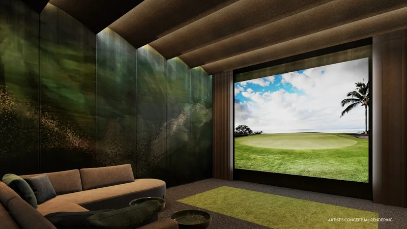 Indoor golf simulator amenity at Casamar in Pompano Beach, Florida