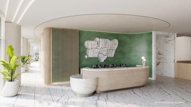Reception desk and lobby entrance at Casamar in Pompano Beach, Florida