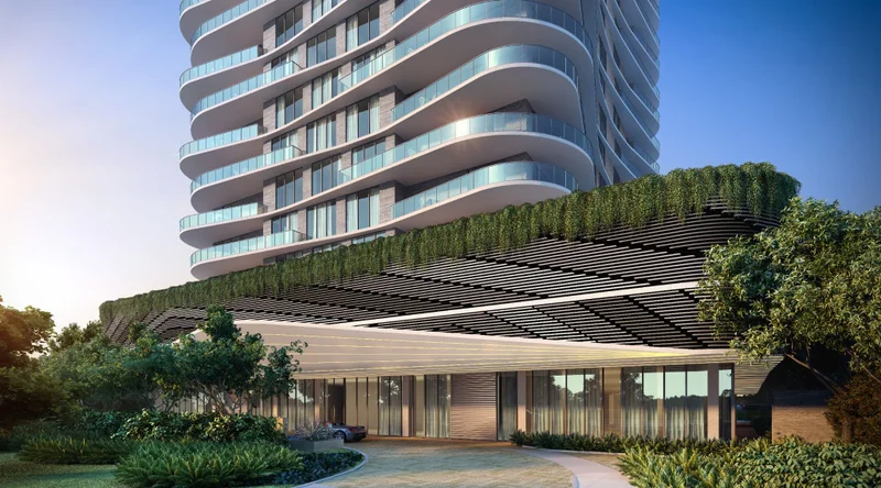 Sabbia Beach condos arrival view with modern exterior architecture and porte cochere in Pompano Beach, Florida