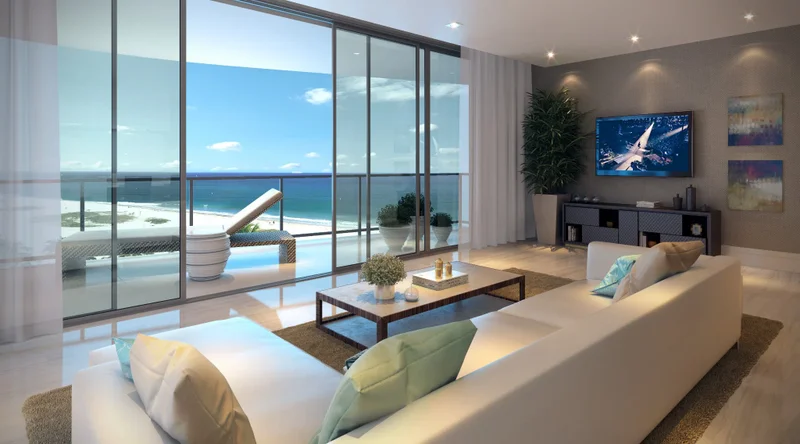 Sabbia Beach condo living room with ocean views in Pompano Beach, Florida