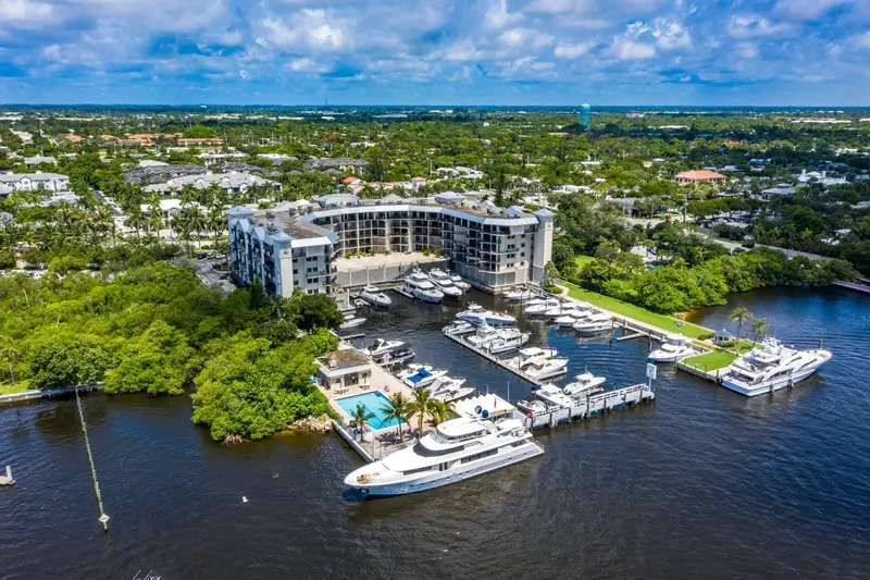 Delray Harbor Club Condos in Delray Beach, Florida - Aerial with boat marina and boat slips on the Intracoastal  Waterway