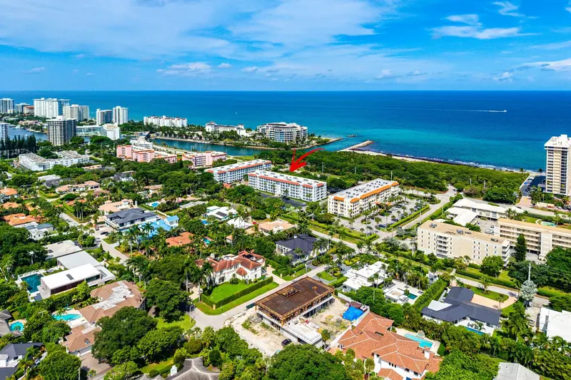 Aerial view of Tierra Del Mar condo buildings in Boca Raton, Florida just steps from the Atlantic Ocean