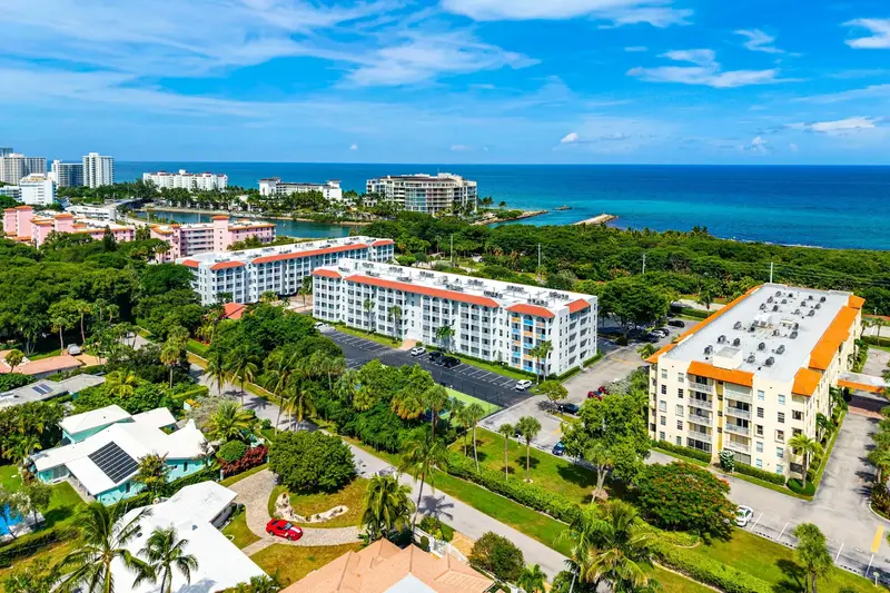 Aerial view of Tierra Del Mar Condos in Boca Raton near the Atlantic Ocean, Boca Inlet and Intracoastal Waterway