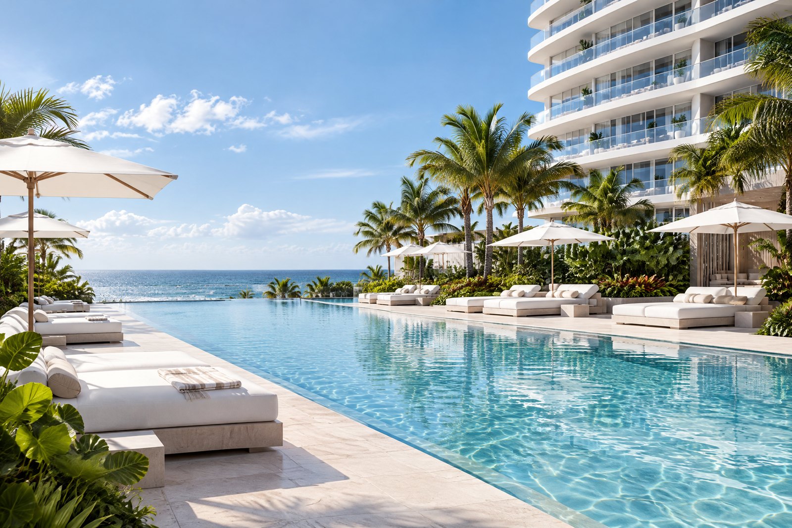 Editorial visualization of a luxury oceanfront pool deck in Pompano Beach